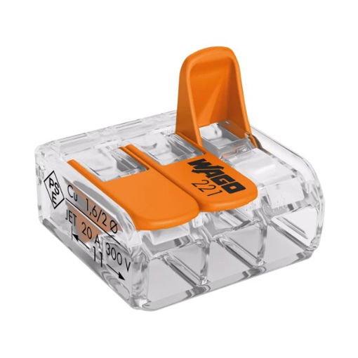 Picture of Wago 221-413 32A Compact 3 Port Lever Connector Transparent